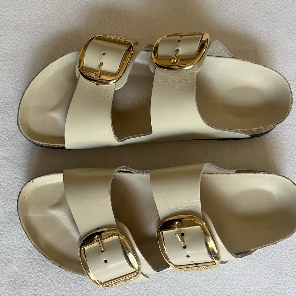 Birkenstock Arizona Cream Sandals with Gold Buckles